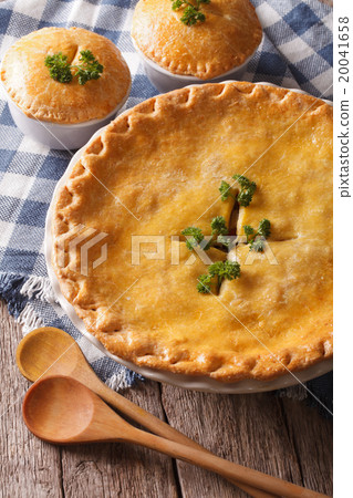 图库照片: golden chicken pot pie in the baking dish close up