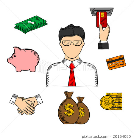 插图素材: banker and financial color sketched icons