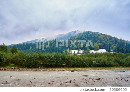 图库照片: mountain river in foggy rainy weather