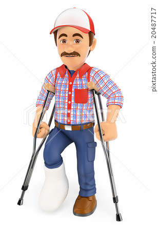 图库插图: 3d worker with a leg in plaster and crutches