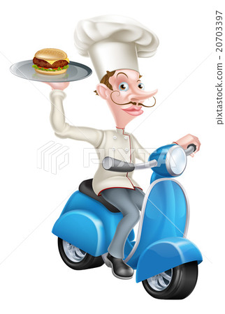 图库插图: cartoon chef on scooter moped delivering burger