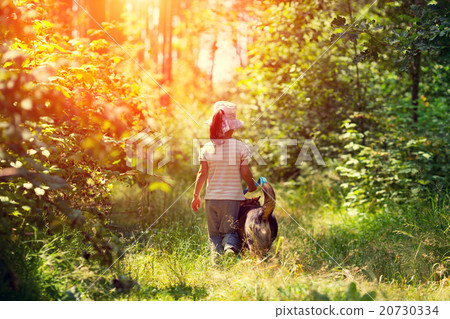 图库照片: little girl walking with dog in the forest