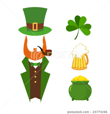 插图素材: patricks day set of elements. green clover. mug