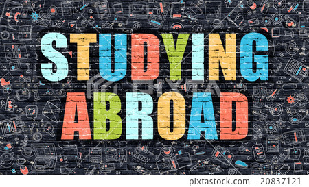 图库插图: studying abroad on dark brick wall.