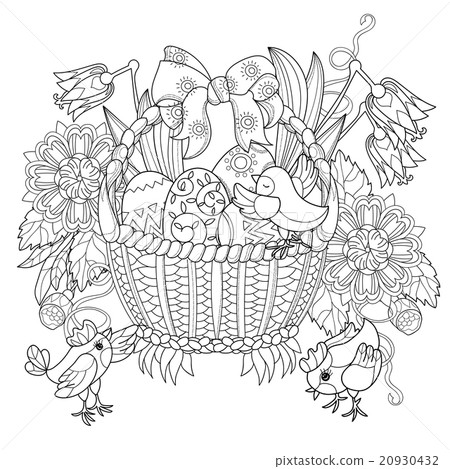 插图素材: hand drawn doodle outline easter eggs in basket