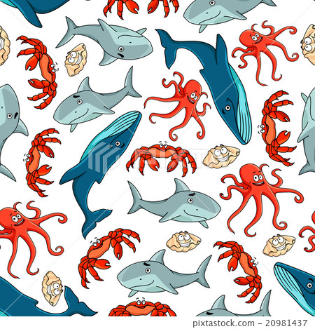 seaanimalssong,seaanimals 插图素材: cartoon sea animals seamless pattern