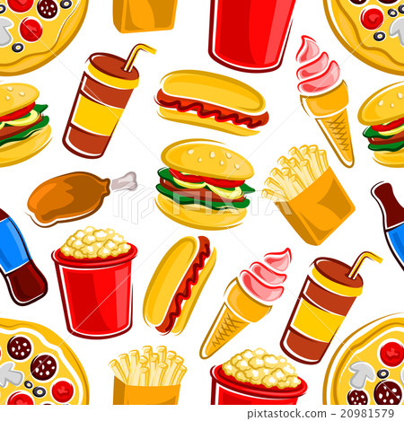 插图素材: fast food, drinks and dessert pattern