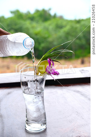 图库照片: pouring water from bottle into glass on background