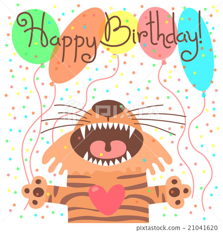 图库插图: cute happy birthday card with funny tiger.