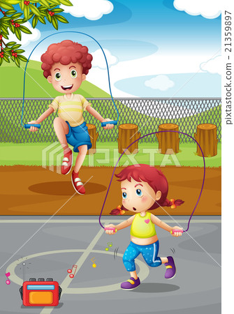 插图素材: boy and girl doing jumprope in the park