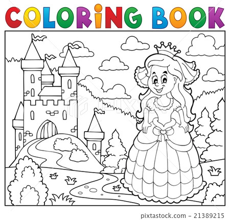 插图素材: coloring book happy princess near castle