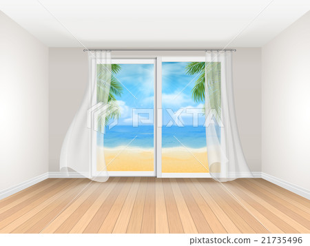 插图素材: empty room with big sliding window and sea view