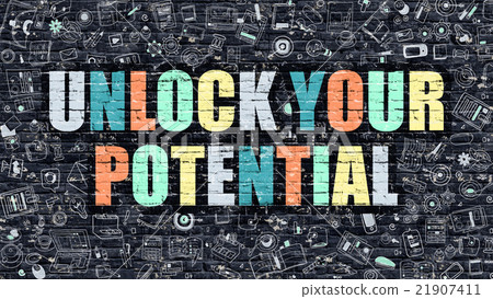 图库插图: multicolor unlock your potential on dark brickwall