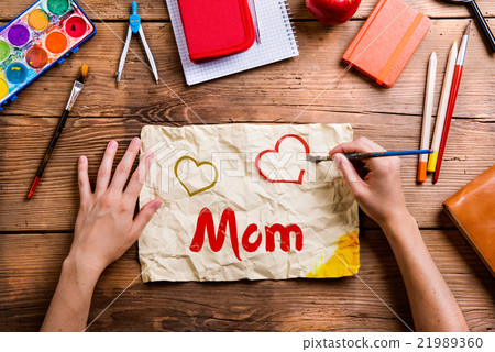 图库照片: mothers day composition. school supplies. wooden