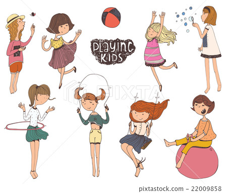 插图素材: girls play outdoors smiling, jumping on playground