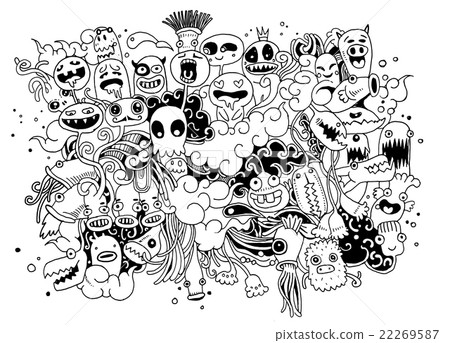 插图素材: hand drawn doodle monster city,drawing style