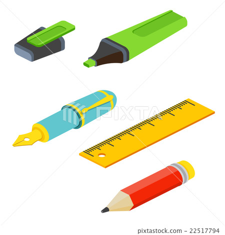 插图素材: isometric fountain pen, pencil, ruler and marker 查看