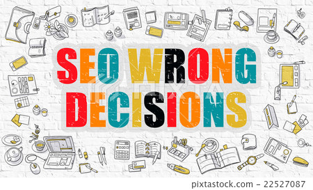 插图素材: multicolor seo wrong decisions on white brickwall