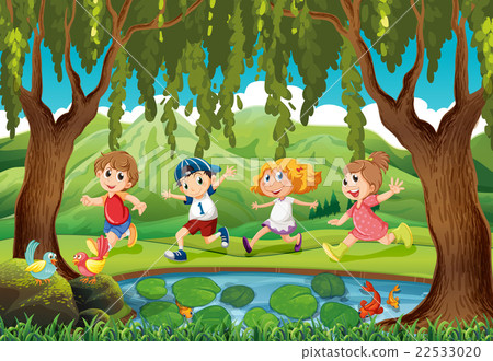 插图素材: four kids running in the park