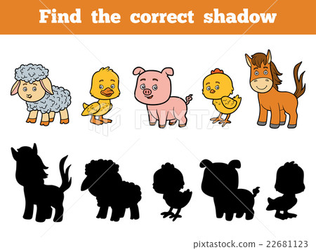 图库插图: find the correct shadow for children. farm animals