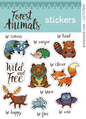 图库插图: sticker set of forest animals in cartoon style