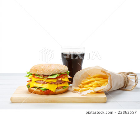 图库照片: fast food take away. hamburger, cola and fries.