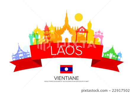 插图素材: laos travel landmarks and flag.