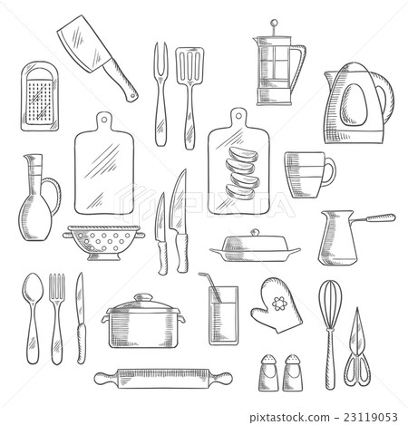 图库插图: kitchen utensils and appliances sketches