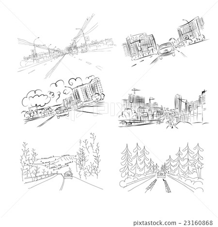 插图素材: cars on city road, set of hand drawn illustrations