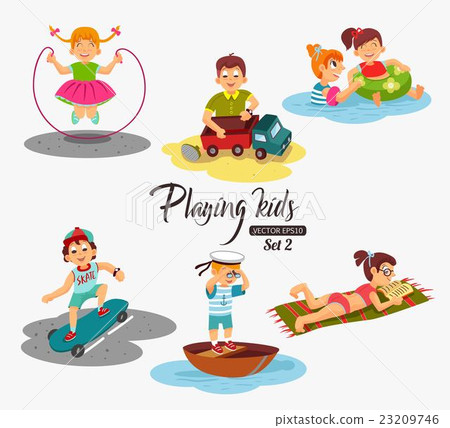 插图素材: cartoon kids playing. boy playing with a toy car