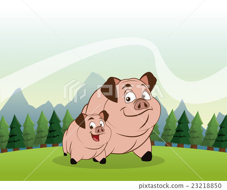 图库插图: pig icon. landscape background. vector graphic