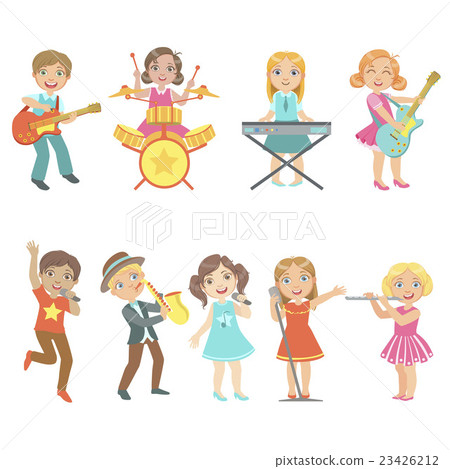 插图素材: kid singing and playing music instruments set