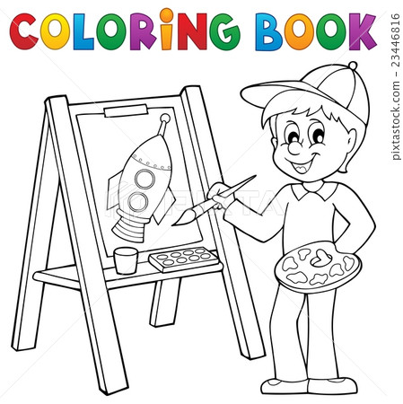 插图素材: coloring book boy painting on canvas