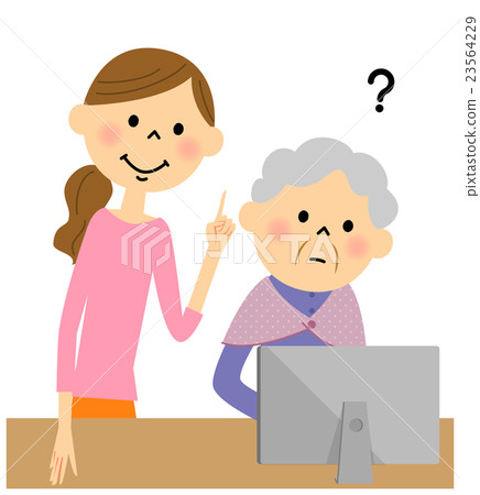姿势/表情/动作 姿势 指示 插图 一位老人教电脑的女人 首页 插图