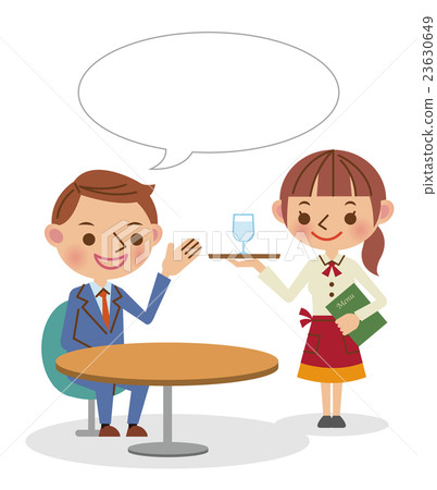 插图素材: 一位商人在咖啡馆与女服务员交谈(与气球) 查看全部