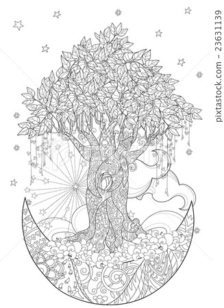 插图素材: cute fairy tale tree from magic forest