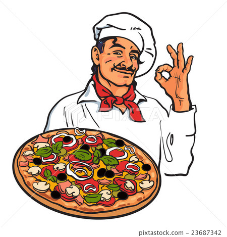 插图素材: sketch of smiling italian chef holding pizza in