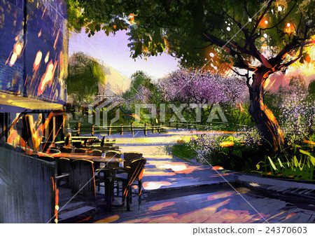 插图素材: walkway in green park with sunlight,painting