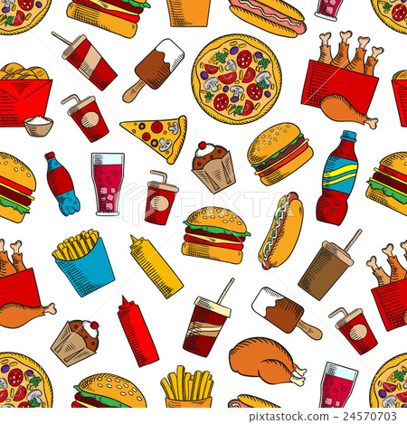 图库插图: fast food snacks, drinks seamless background