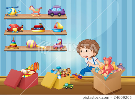 图库插图: little boy and many toys