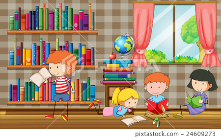 图库插图: kids reading books in the library