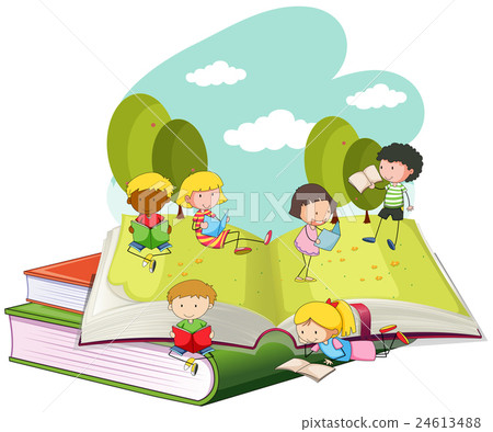 插图素材: many children reading books in the park
