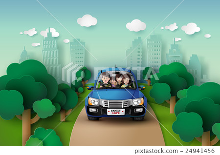 插图素材: family driving in car .