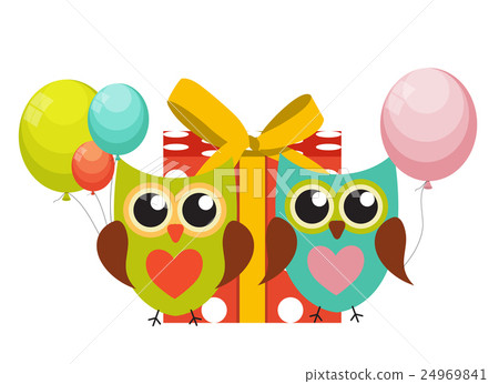 插图素材: cute owl happy birthday background with gift box