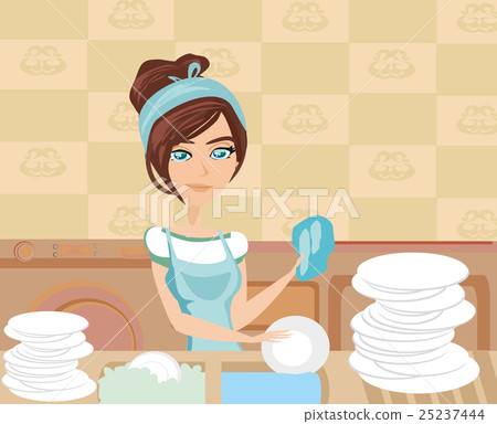 插图素材: housewife washing the dishes