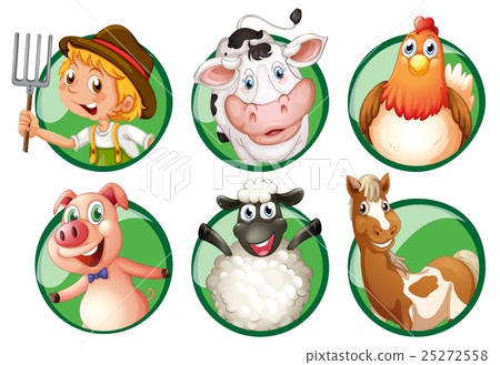 图库插图: farmer and farmanimals on round badges
