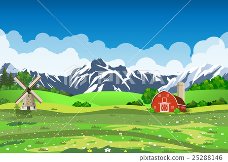 图库插图: cartoon farm green seeding field