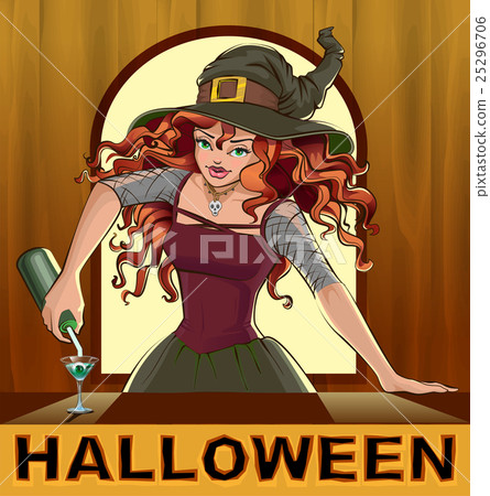 图库插图: redhead beautiful pretty witch girl pours