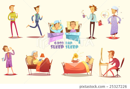 插图素材: good and bad sleep icons retro cartoon set
