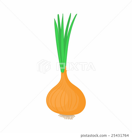 插图素材: onion with fresh green sprout icon, cartoon style